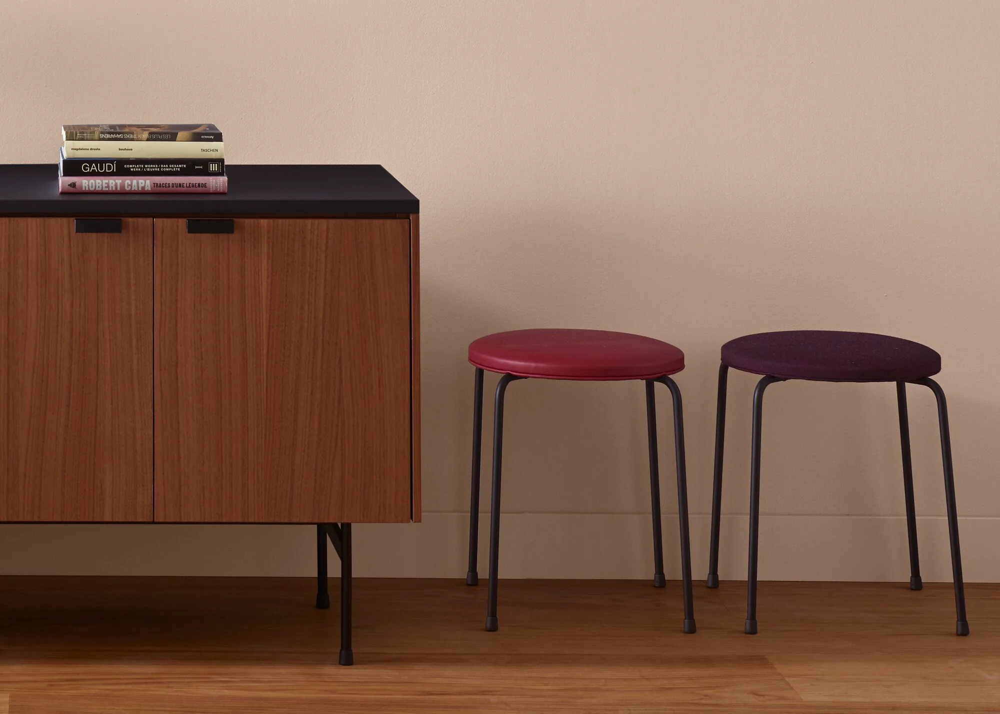 Tanis Sideboard Walnut + Black Fenix Laminate Base In Circular Tubing