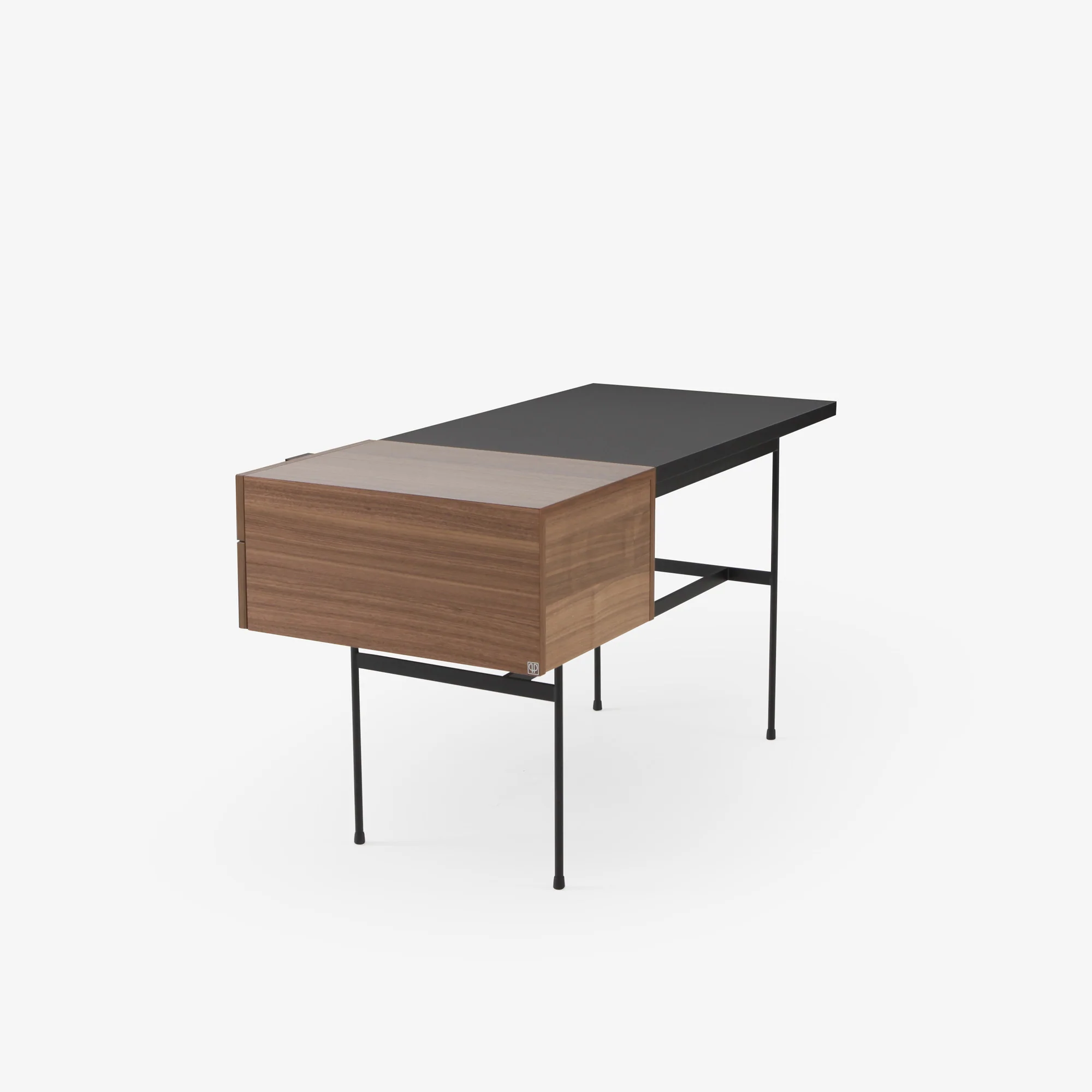 Tanis Desk Walnut + Black Fenix Laminate Base In Circular Tubing