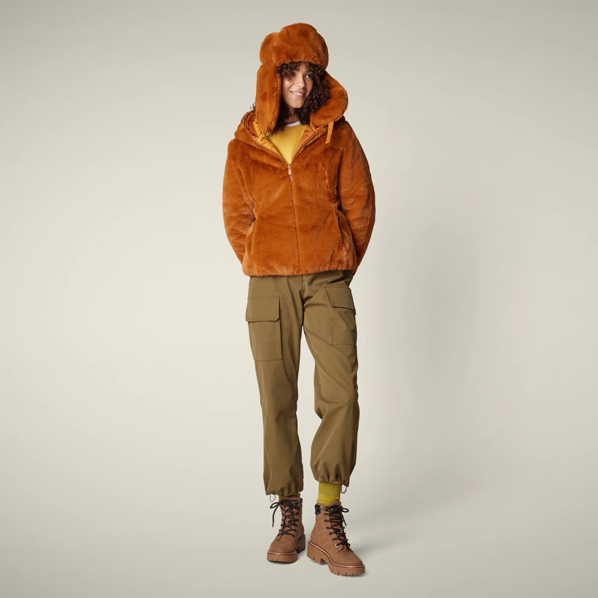 Women's Reversible Faux Fur Jacket Laila in Caramel Brown