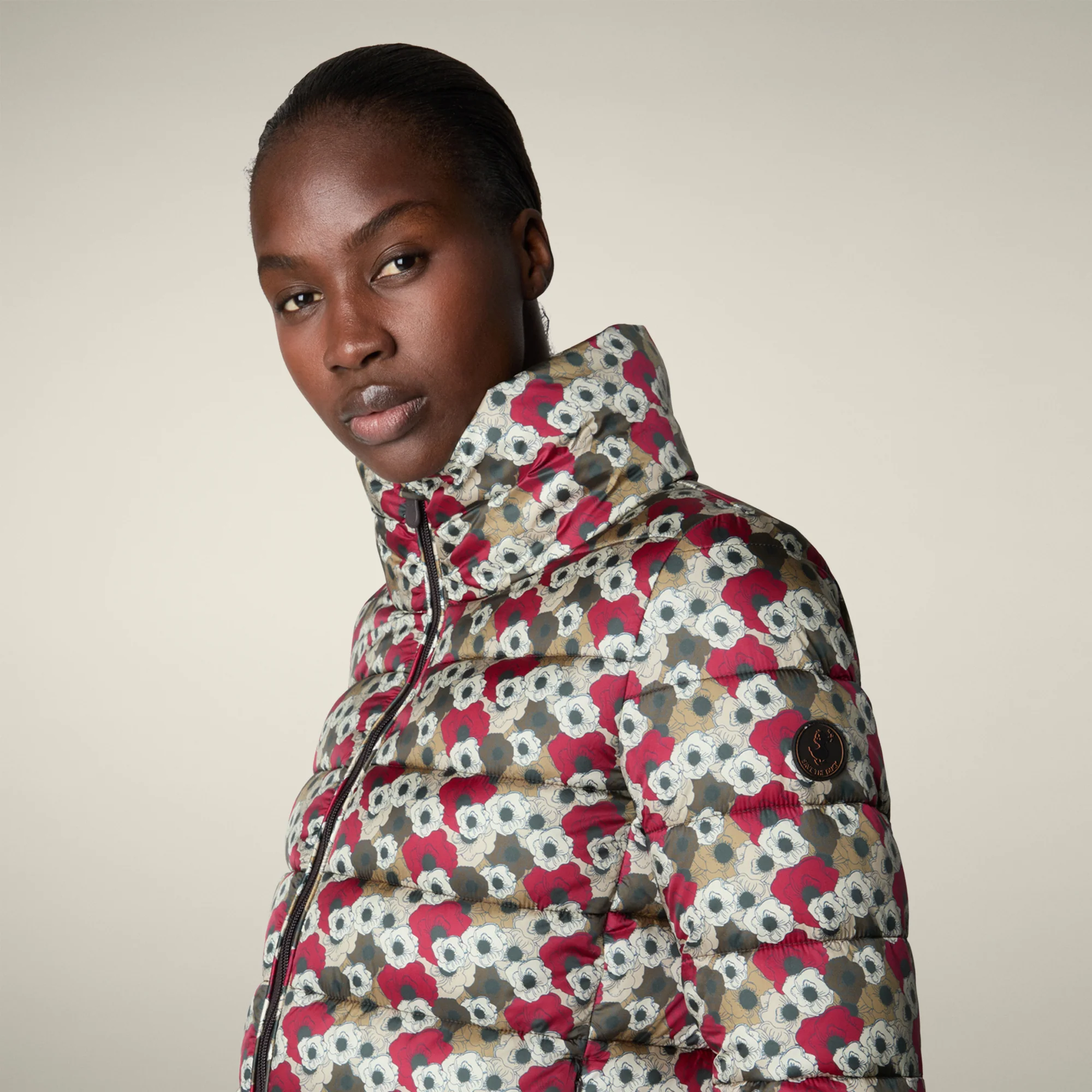 Women's Animal free puffer Jacket Flower with Beige&Red Floral Print