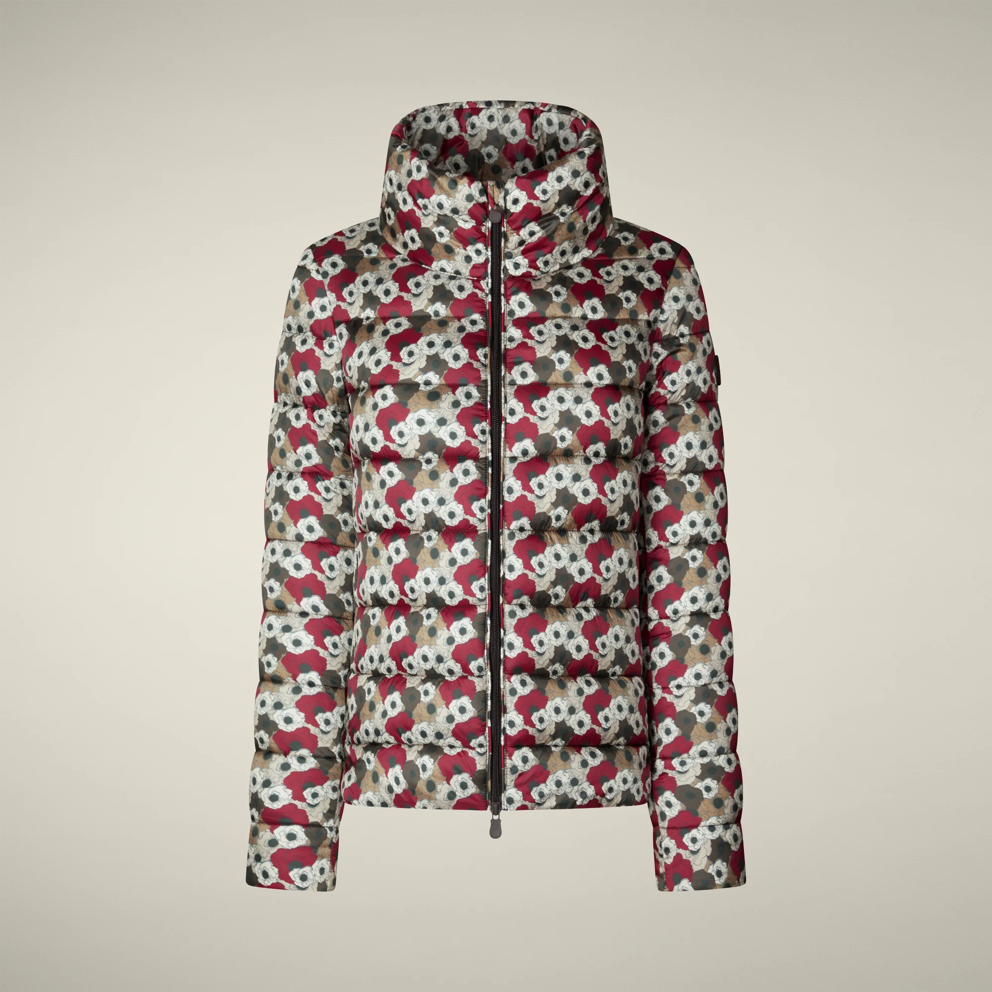 Women's Animal free puffer Jacket Flower with Beige&Red Floral Print