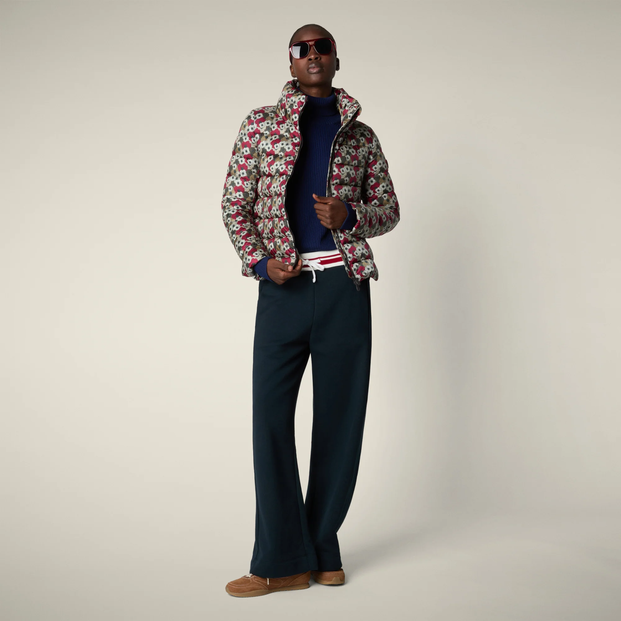 Women's Animal free puffer Jacket Flower with Beige&Red Floral Print