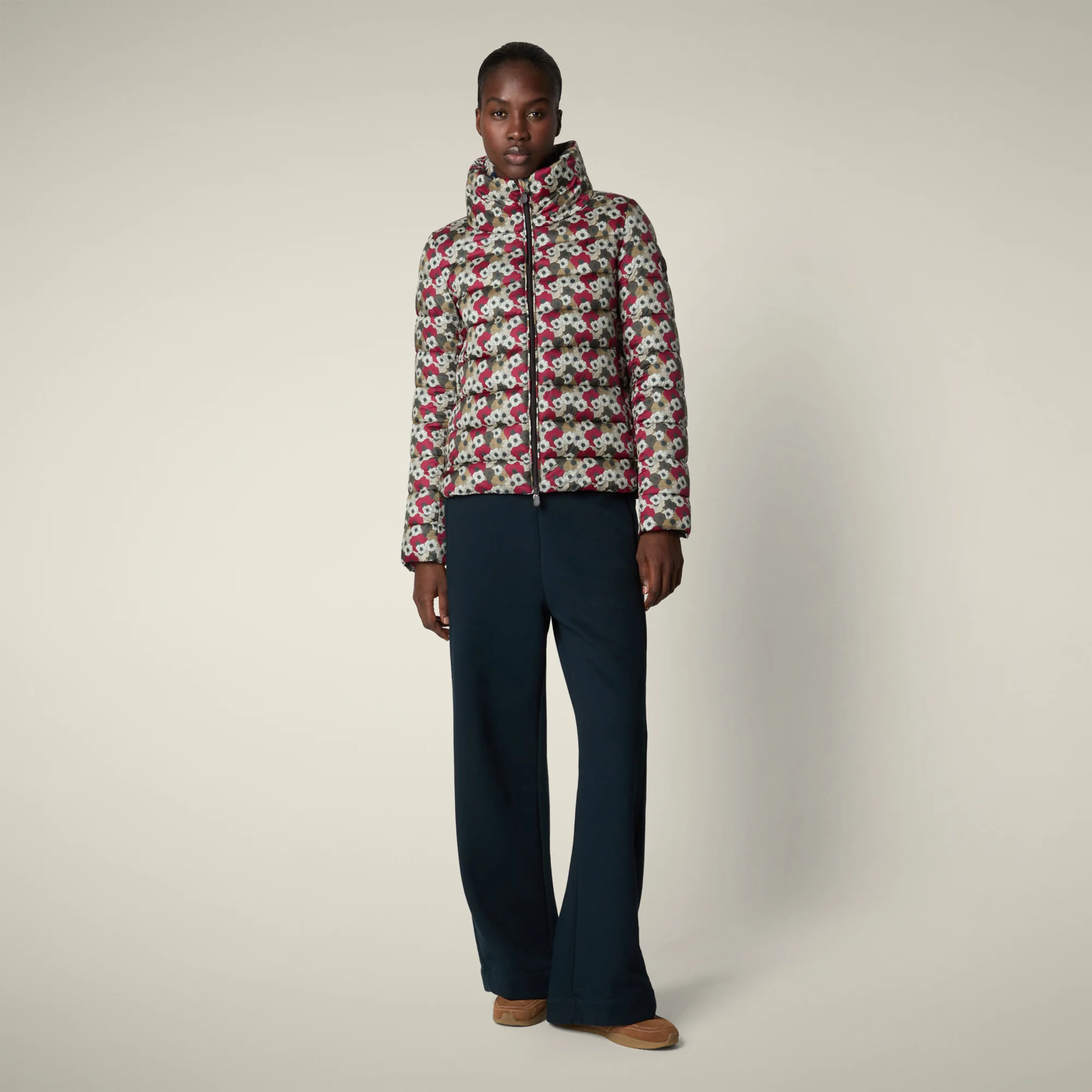 Women's Animal free puffer Jacket Flower with Beige&Red Floral Print