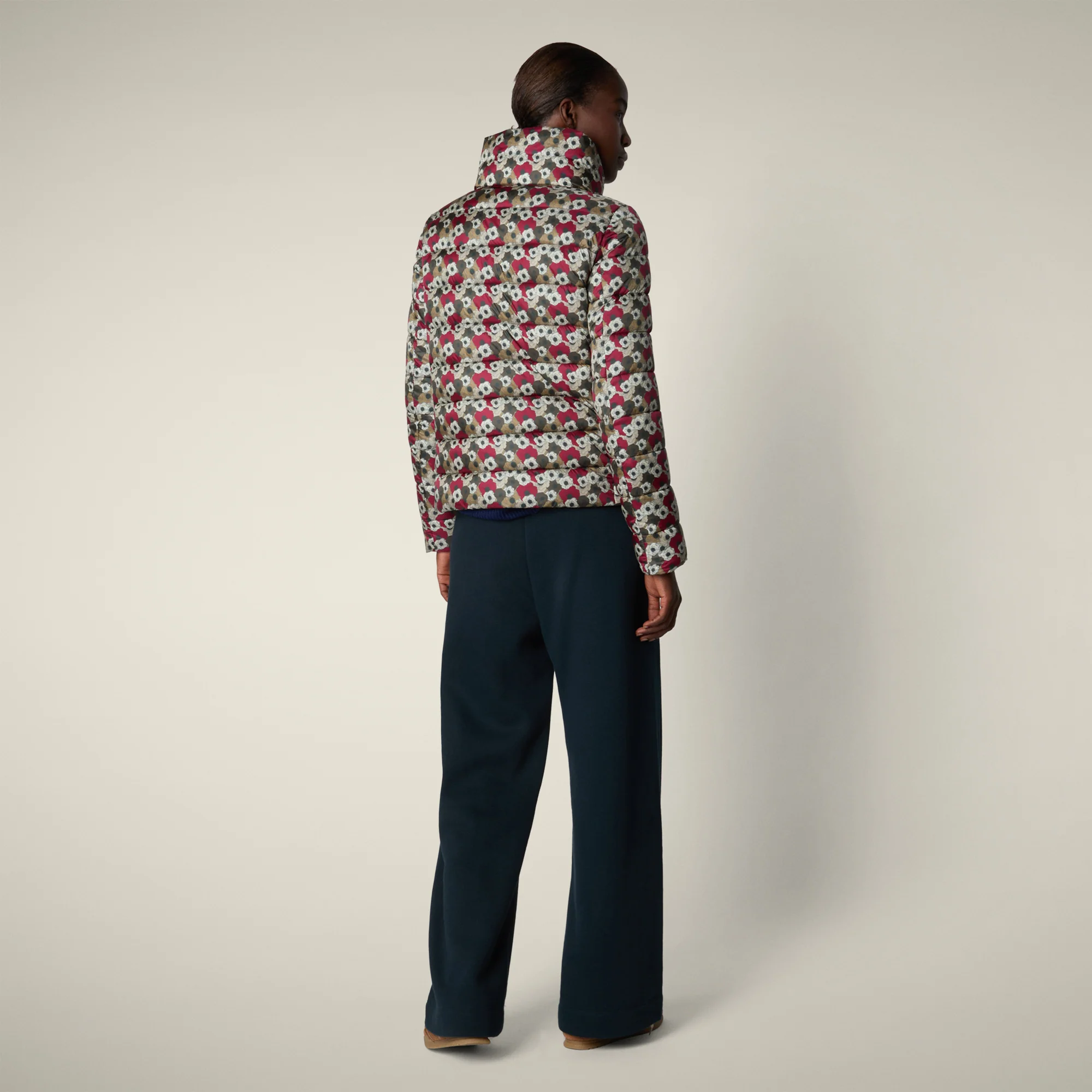 Women's Animal free puffer Jacket Flower with Beige&Red Floral Print