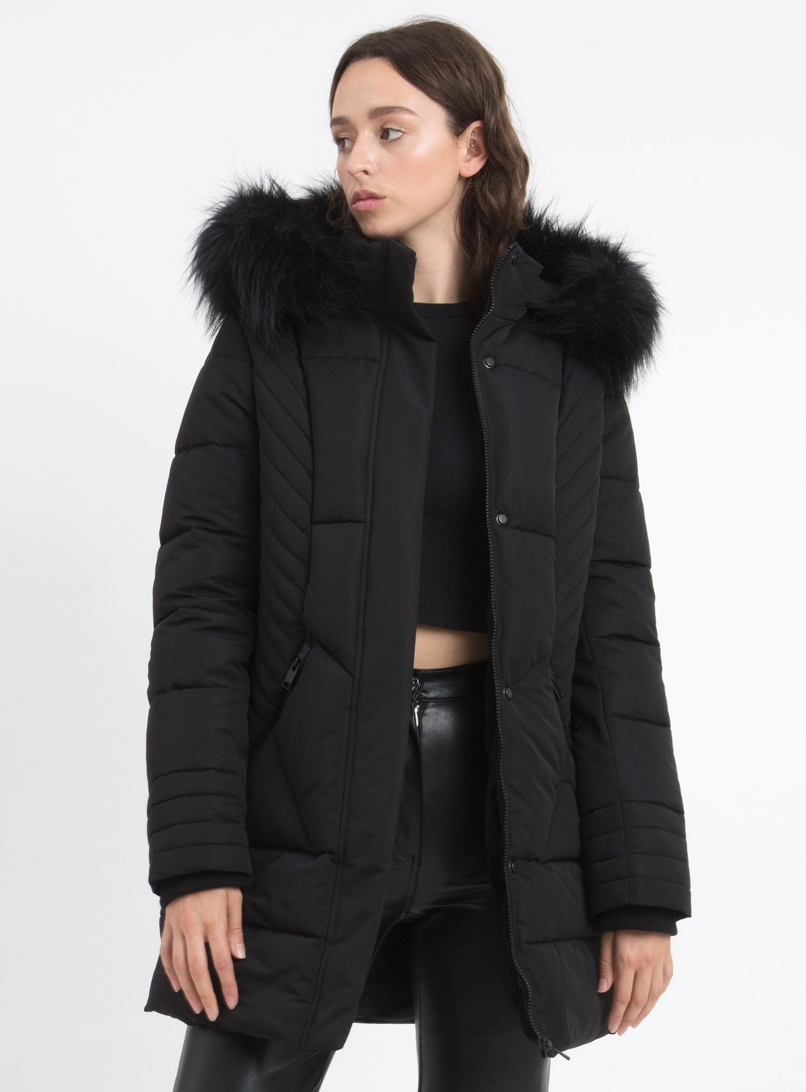WINTER JACKET FAUX-FUR HOODED TRIM-BLACK