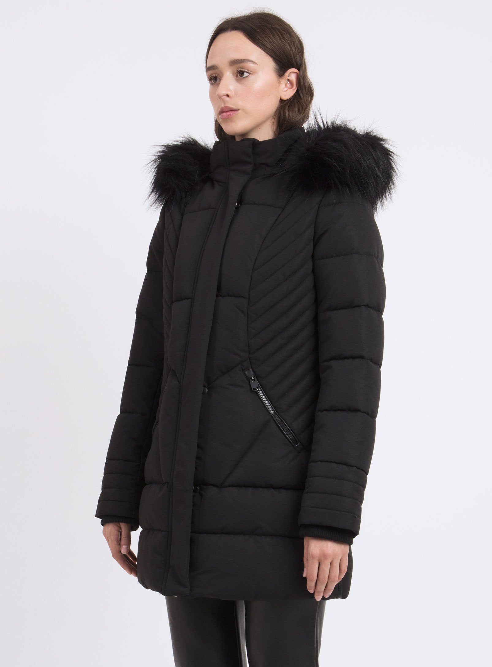 WINTER JACKET FAUX-FUR HOODED TRIM-BLACK