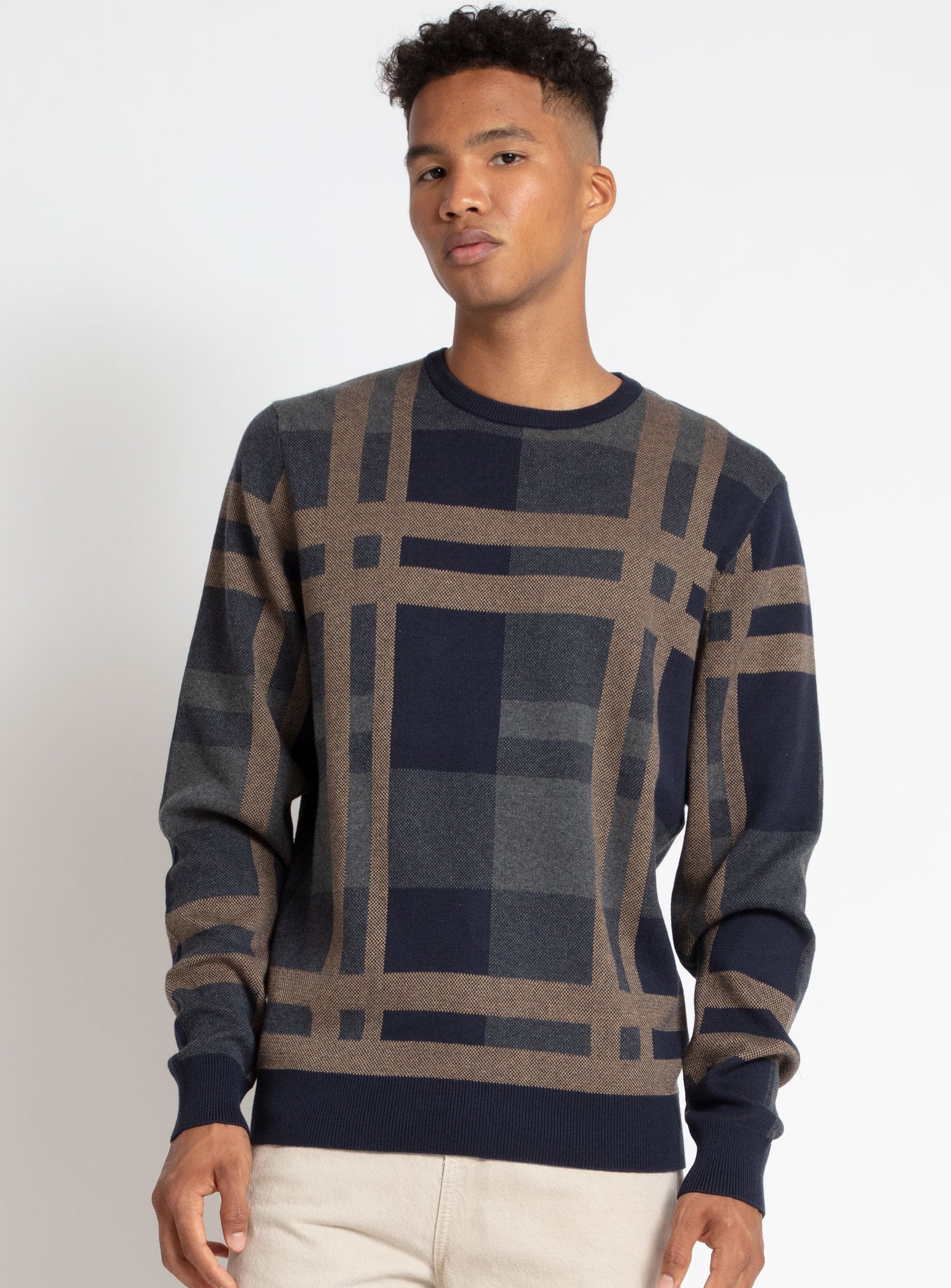 JETT | CHECKERED COTTON FINE GAUGE SWEATER||JETT | CHANDAIL FIN EN COTON À CARREAUX