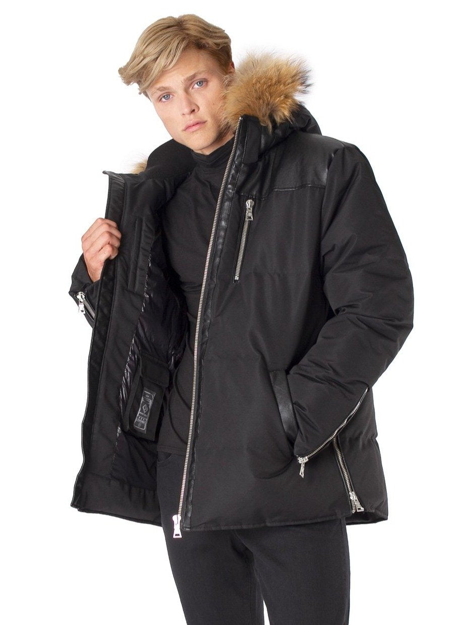 PREMIUM DOWN-FILLED HOODED OXFORD TASLAN JACKET WITH NATURAL RACCOON FUR-BLACK