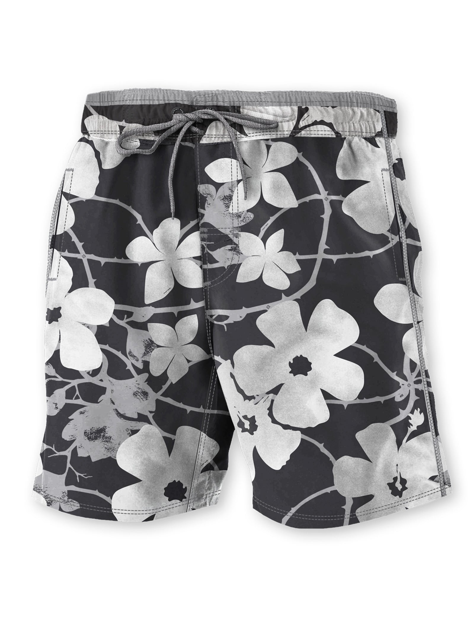 SERENO | Recycled 4 way stretch microfiber floral swim shorts with side reflective tape || SERENO | Short de bain floral en microfibre extensible dans les 4 sens recyclé avec bande réfléchissante sur le côté