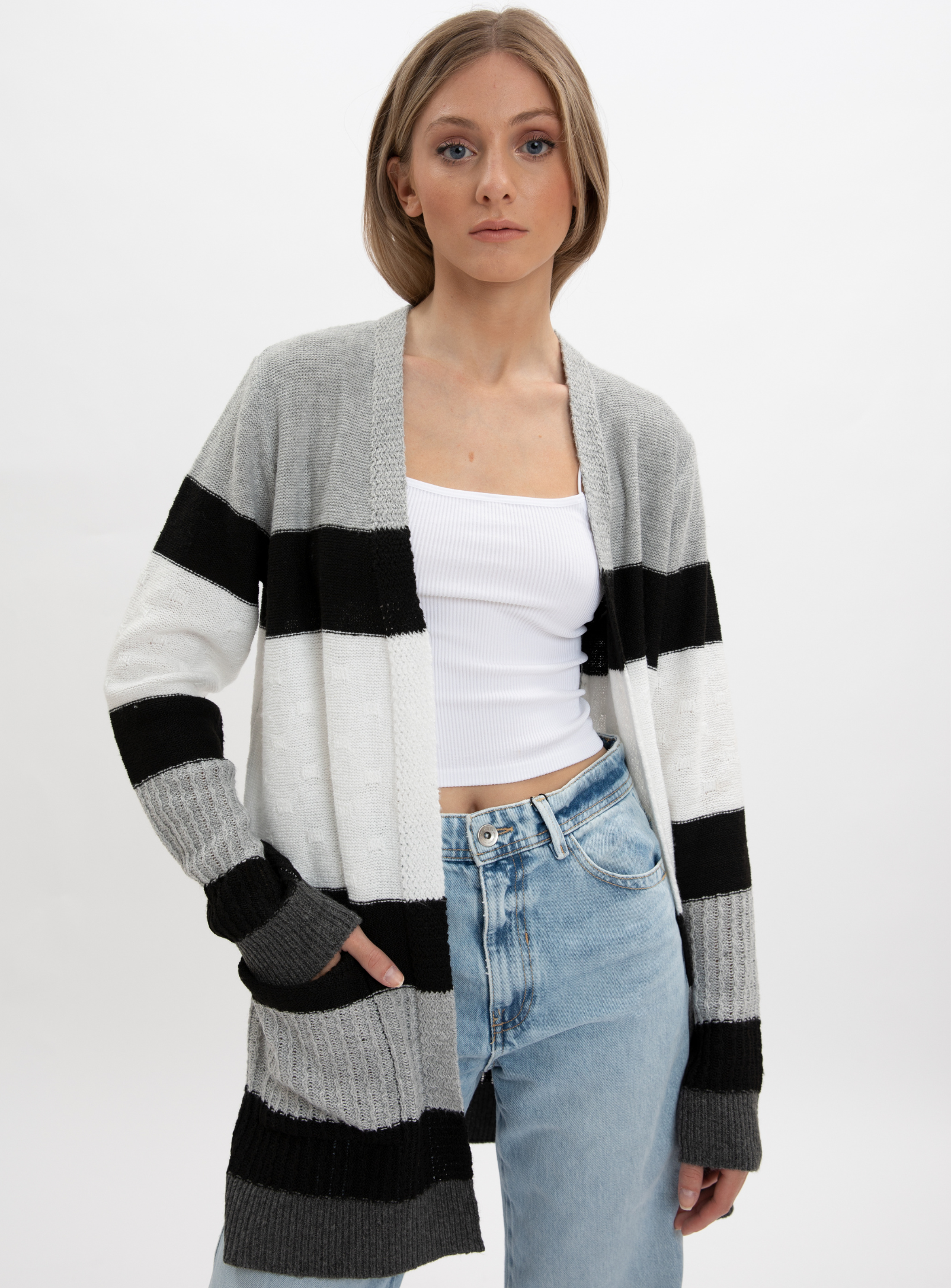 ALICYA| Striped long open cardigan || ALICYA |  Gilet long ouvert rayé