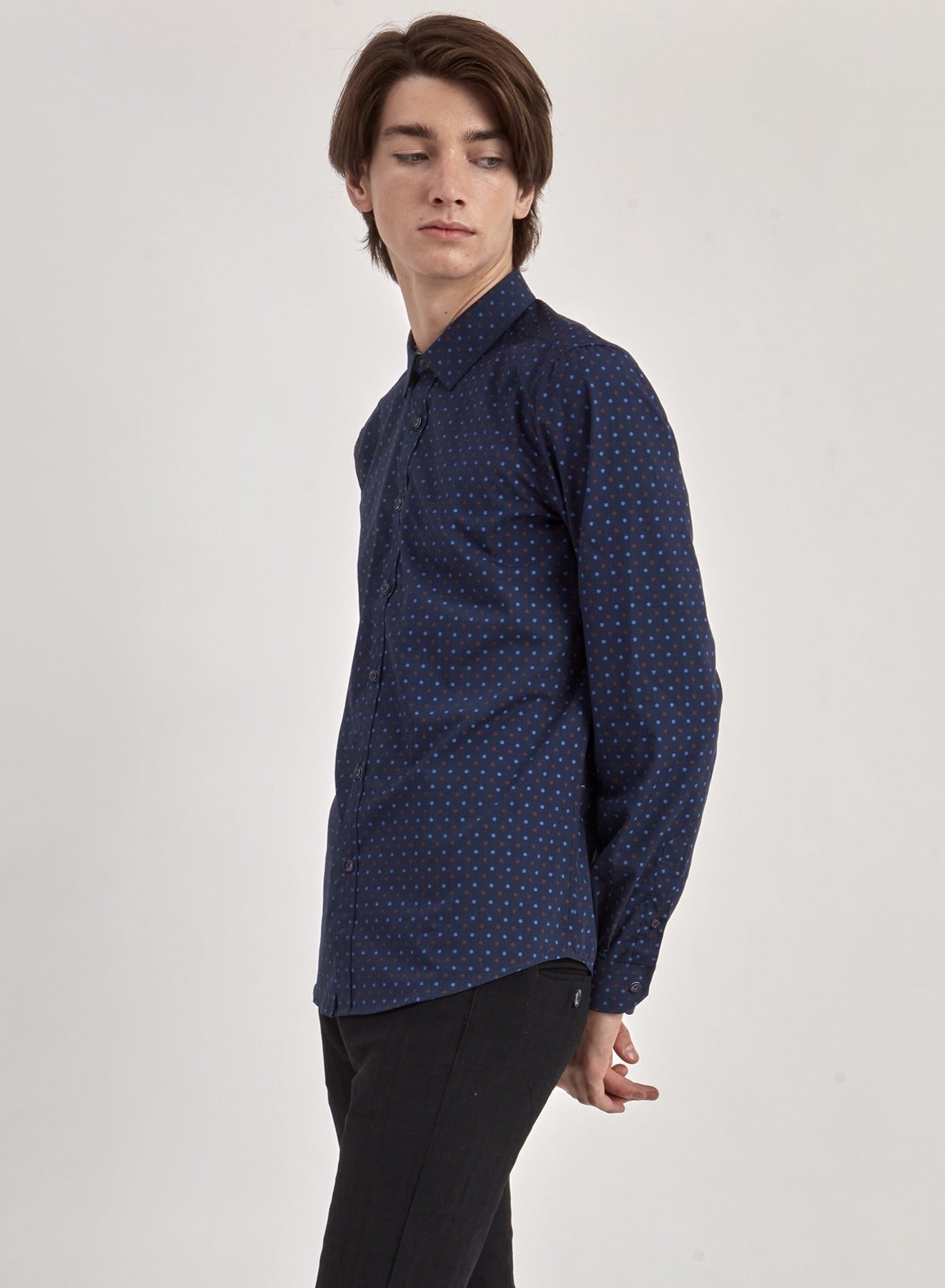 PRINTED SHIRT-NAVYMIX||CHEMISE À MANCHES LONGUES DE LUXE IMPRIMÉE À POID-NAVYMIX