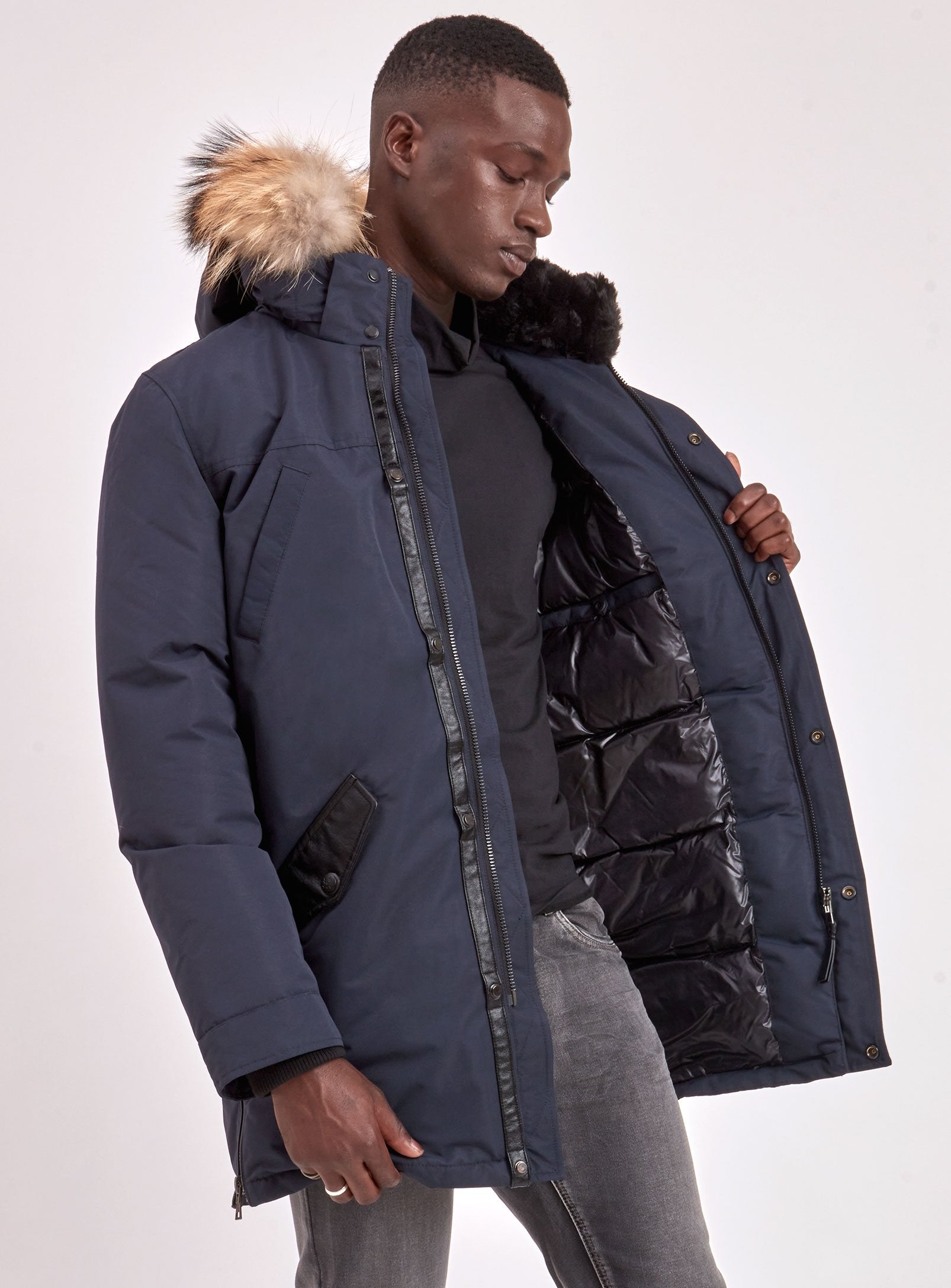 XAVIER | BLACK LABEL PREMIUM DOWN RACCOON FUR TRIM JACKET (-40°C)-NAVY||XAVIER | MANTEAU BLACK LABEL PREMIUM EN DUVET À FOURRURE DE RATON (-40°C)-MARINE