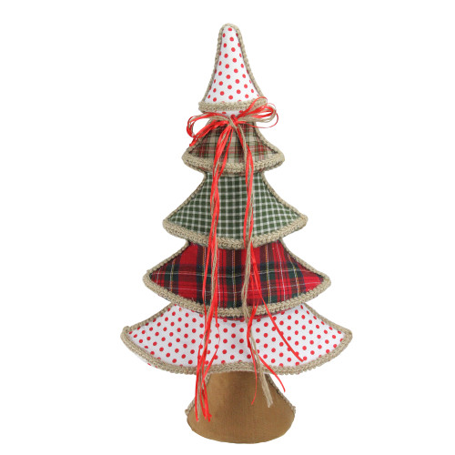 Plaid and Polka Dot Christmas Tree with Ribbon Bow Decoration - 23"