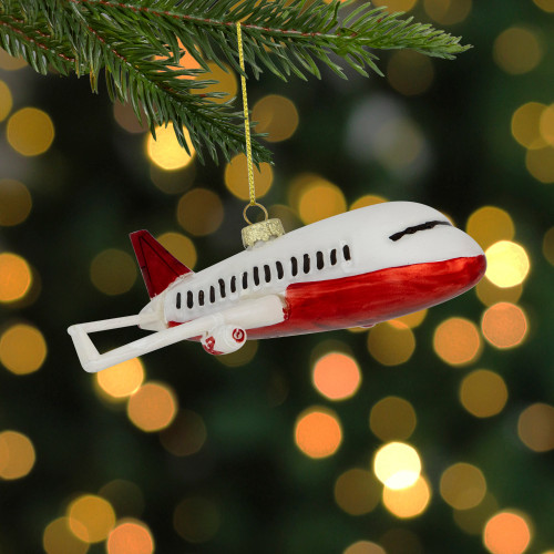 5.75" White and Red Airplane Glass Christmas Ornament