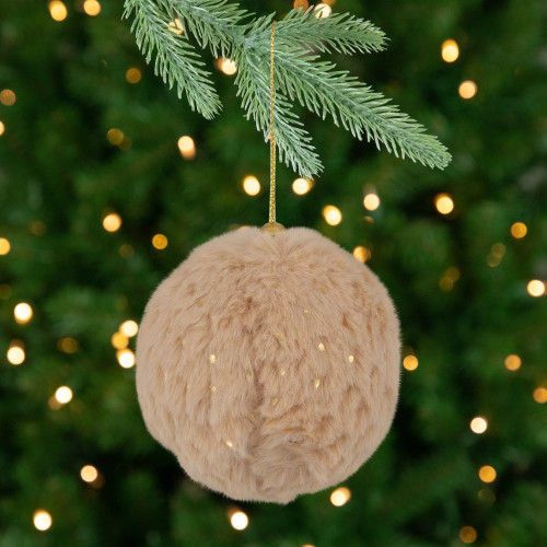 Faux Fur and Sequin Christmas Ball Ornaments - 2.75" - Beige - Set of 4