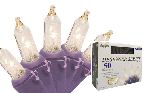 50-Count Clear Incandescent Mini Christmas Light Set, 19ft Purple Wire