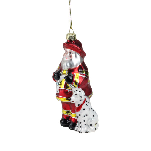 5" Red and White Fireman Santa Claus with Dalmatian Glass Christmas Ornament