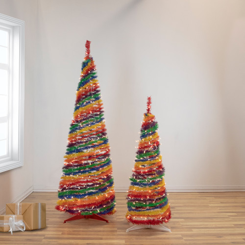 4' Pre-Lit Rainbow Tinsel Pop-Up Artificial Christmas Tree, Clear Lights