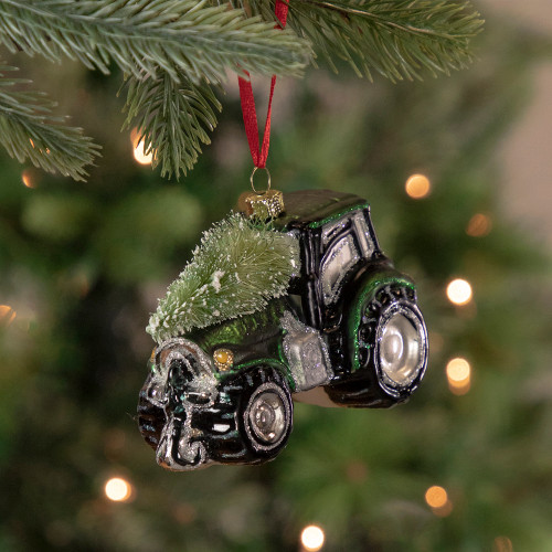 4" Green Tractor with Tree Glass Christmas Ornament