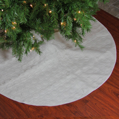 48" Cream Quilted Christmas Hexagon Tree Skirt with Velvety Trim