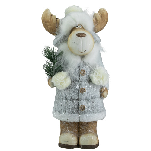 Frosted Ceramic Moose in Winter Coat Holding Pine Sprigs Christmas Figure - 18"