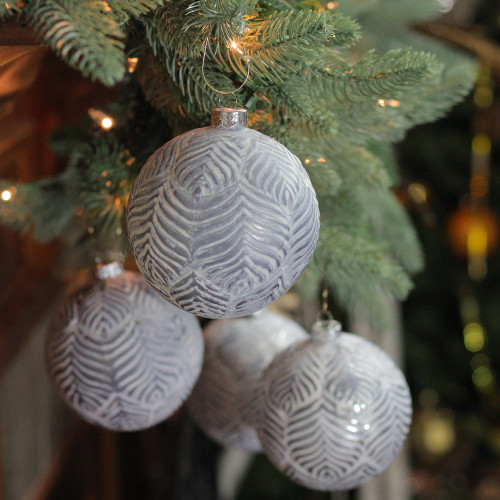 4ct Silver and White Antique Style Glass Christmas Ball Ornaments 4" (100mm)