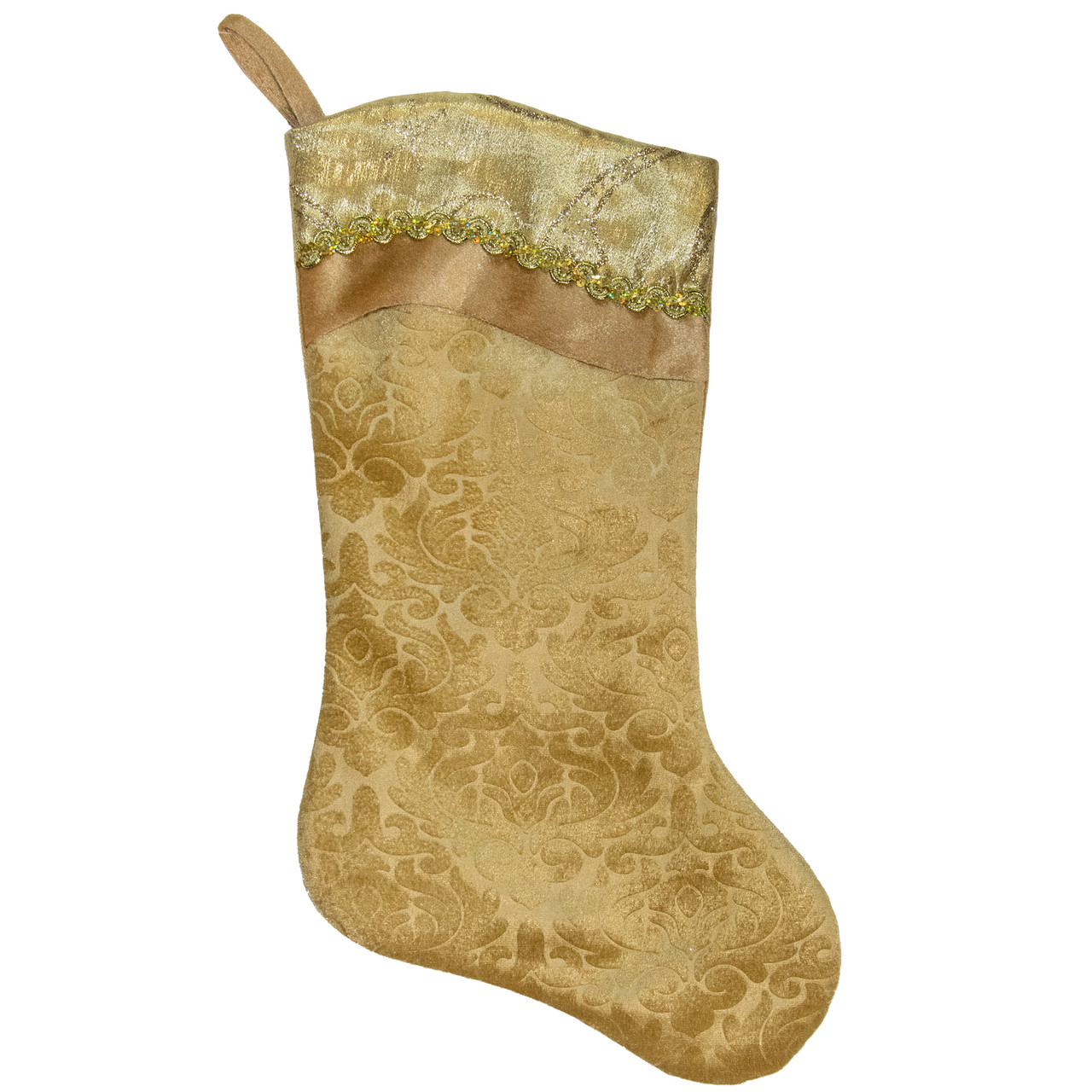 20.5" Gold Etched Velvet Christmas Stocking with Glitter Print and Metallic Trim
