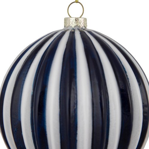 4" Blue and White Striped Glass Christmas Ornament
