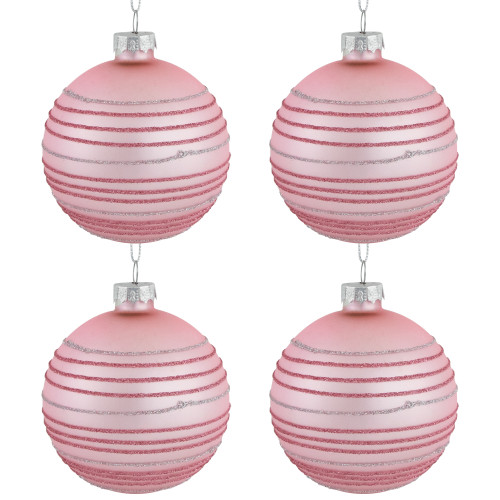 Set of 4 Pink Glitter Striped Glass Christmas Ball Ornaments 3" (80mm)