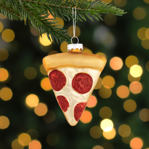 4.25" Cheese and Pepperoni Pizza Slice Glass Christmas Ornament
