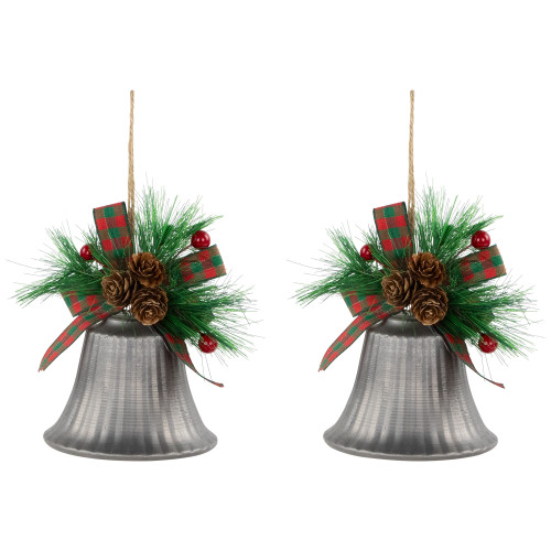 Bells with Pine Sprigs and Plaid Bow Christmas Ornaments - 7" - Silver - Set of 2
