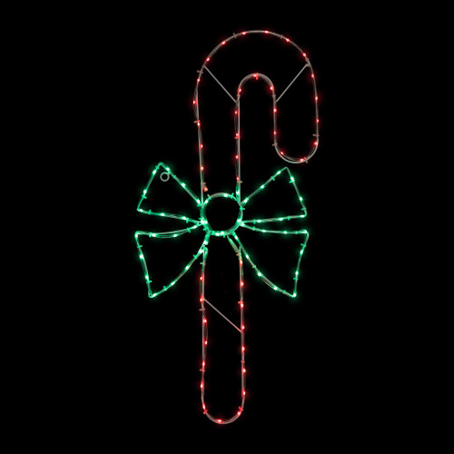 28" Green and White LED Lighted Candy Cane with Bow Christmas Window Silhouette