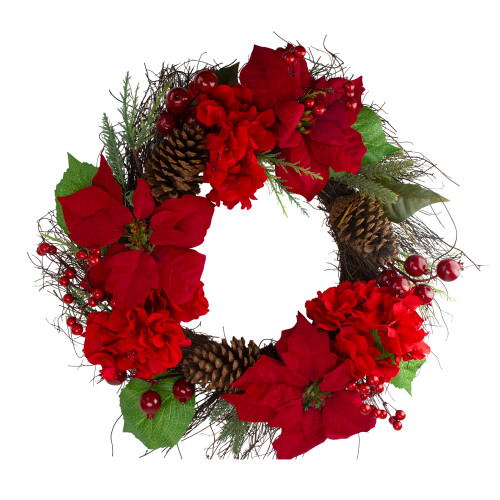 Poinsettia and Hydrangea Artificial Christmas Wreath - 24" - Unlit