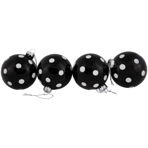Shiny Finish Polka Dots Christmas Glass Ball Ornaments - 3" (80mm) - Black and White - Set of 4