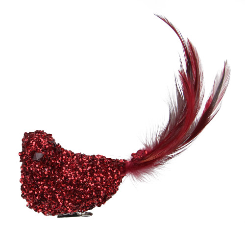 Sequined Bird with Feather Tail Christmas Clip-on Ornament - 6" - Red