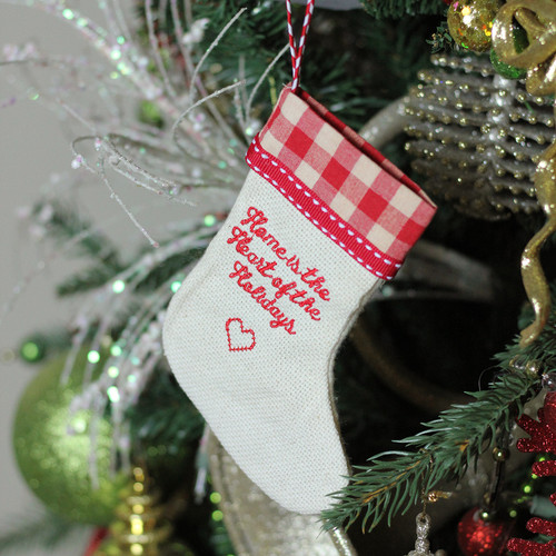 6.5" Tan and Red Embroidered Heart Stocking with Gingham Cuff Christmas Ornament