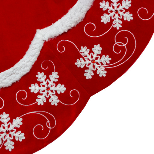 48-Inch Velvet Red and White Snowflake Scallop Christmas Tree Skirt