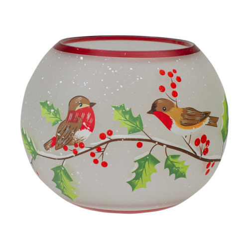 5-Inch Hand Painted Finches and Pine Flameless Glass Candle Holder