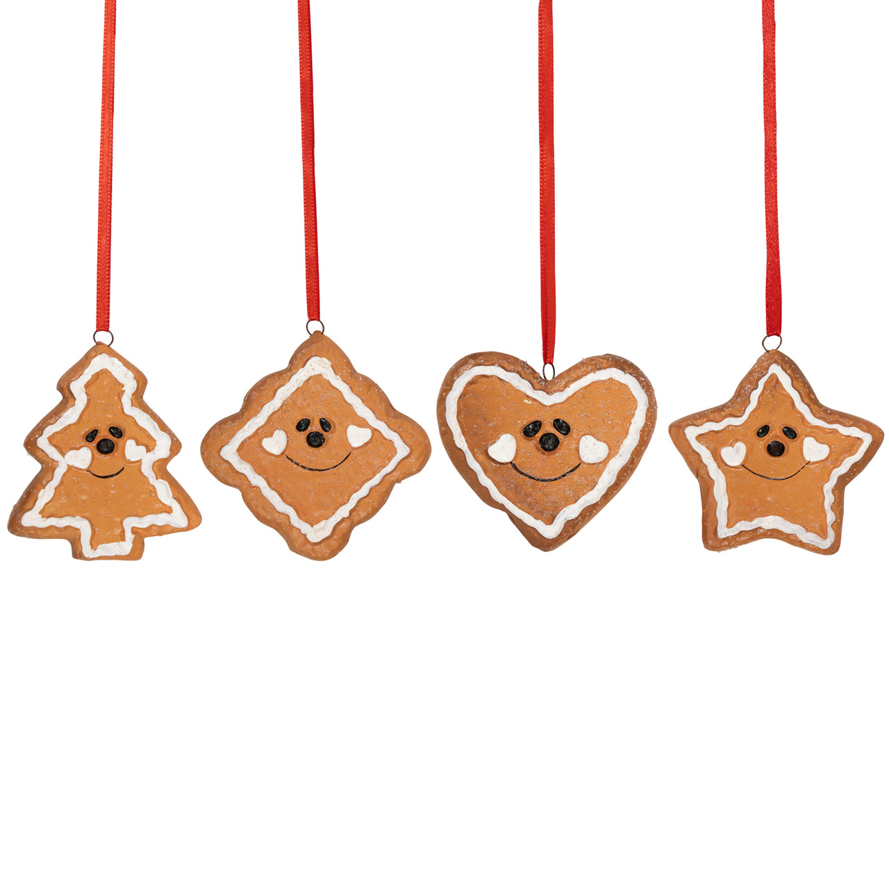 Set of 4 Gingerbread Heart, Star, Tree and Diamond Christmas Ornaments 2.5"