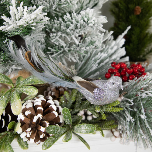 8" Silver Glitter Embellished Bird with Clip and Feathers Christmas Ornament