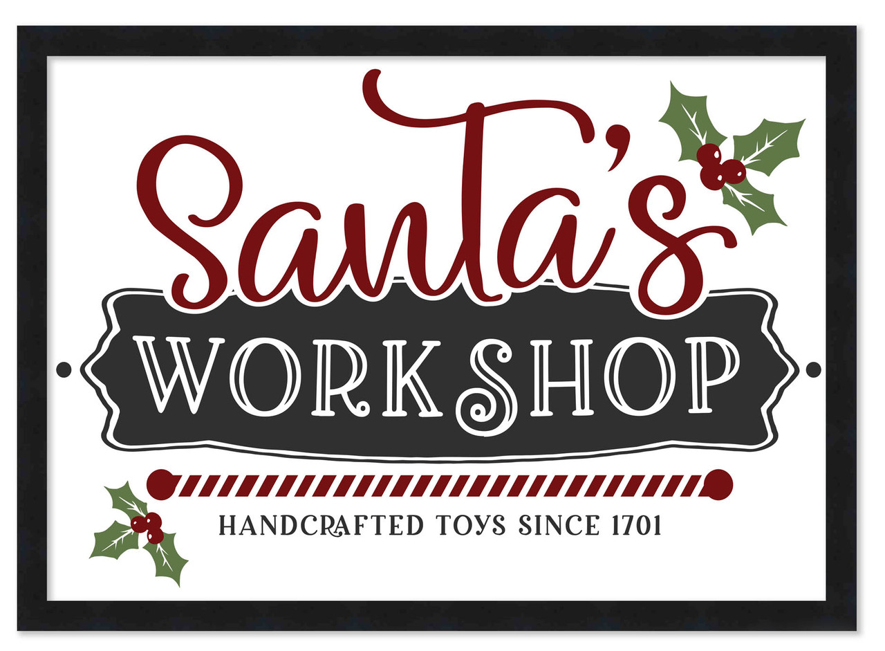 Santa's Workshop Handcrafted Toys 14.5" x 20.5" Framed Christmas Wall Decor Art Print Sign Poster in a Black Wooden Frame with UV Acrylic and Hangers