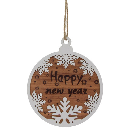 7" Rustic "Happy New Year" Snowflake Wooden Christmas Ornament Disc