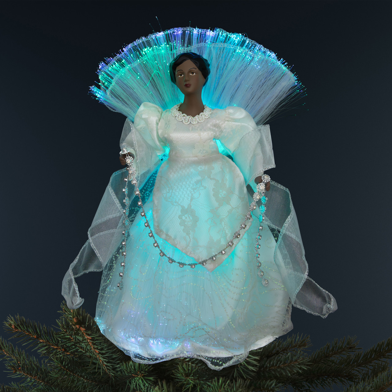 Lighted Fiber Optic African American Angel Christmas Tree Topper - 12" - Silver