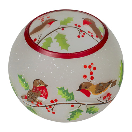 5-Inch Hand Painted Finches and Pine Flameless Glass Candle Holder