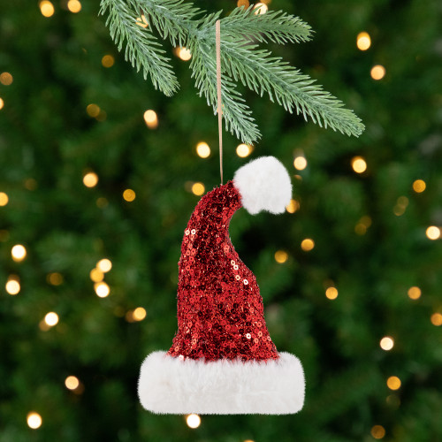 Sequined Santa Hat with Plush Trim Christmas Ornament - 8.5" - Red