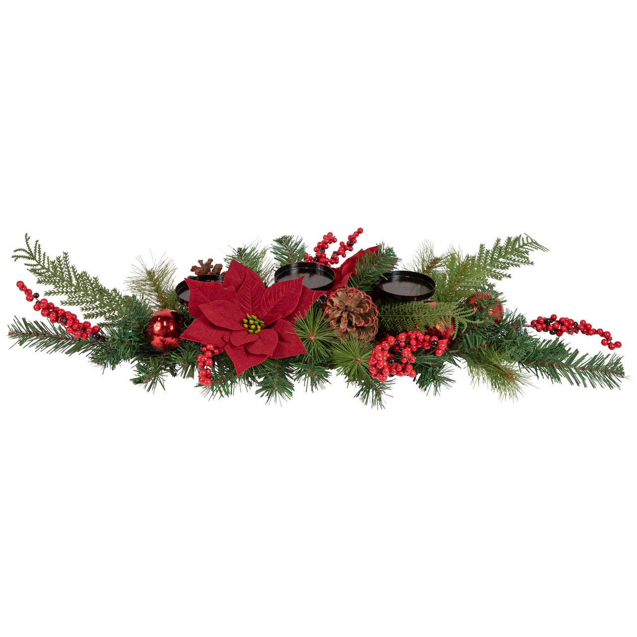 32" Artificial Mixed Pine, Berries and Poinsettia Christmas Candle Holder Centerpiece