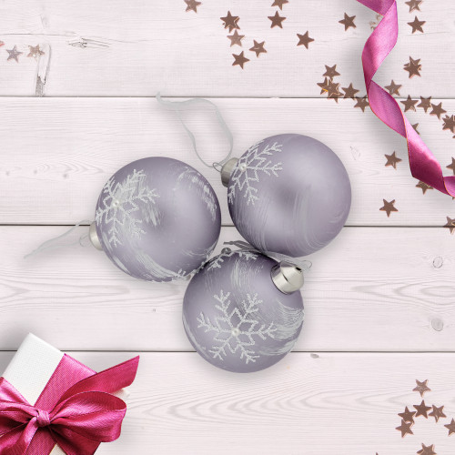 3ct Purple Glass Ball Christmas Ornaments with Snowflakes 3" (80mm)