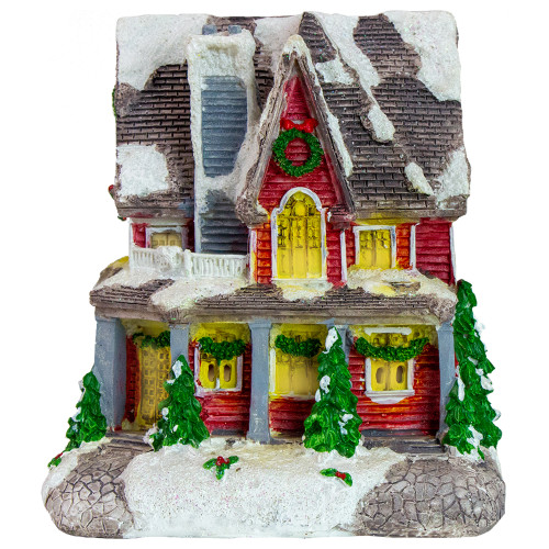 LED Lighted Snowy House Christmas Village Decoration - 5" - Red