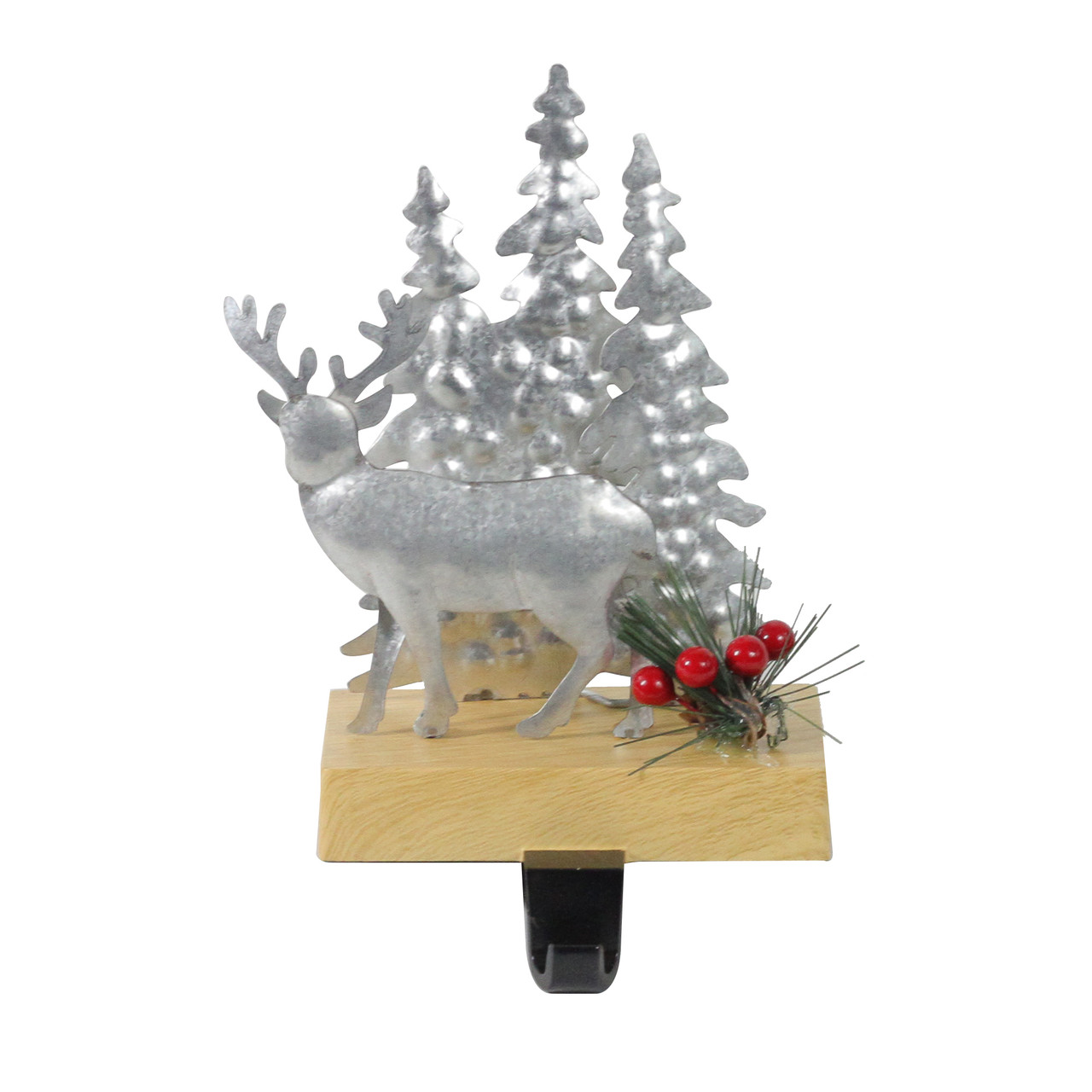Galvanized Metal Deer with Trees Christmas Stocking Holder - 8.5" - Silver