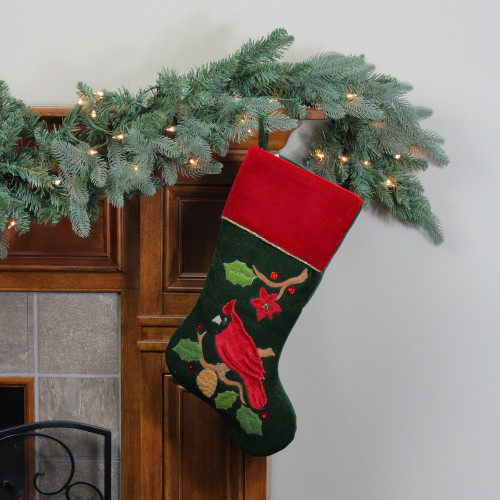 20.5" Red and Green Cardinal Embroidered Christmas Stocking
